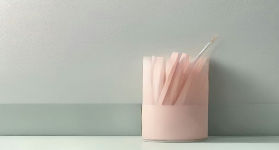 Soft pastel paper notes in a holder on a quiet grey shelf in gentle window light.