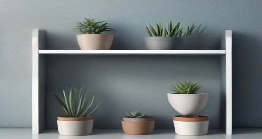A tidy white wall shelf with small potted plants against a soft blue-grey wall.