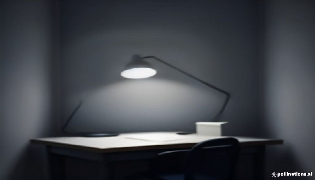 A quiet home office desk at dusk with a lamp, a closed notebook, and a pushed-in chair.
