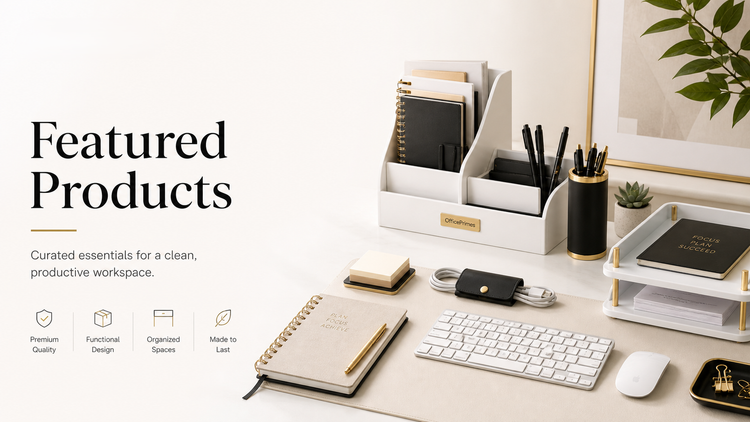 Office Primes featured products — cream desk with white organizer, pens, planner, and keyboard