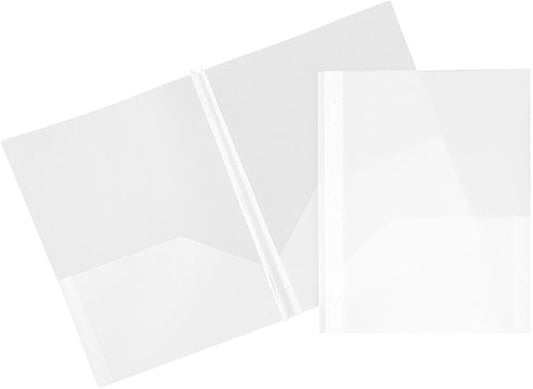 JAM PAPER Plastic Color Pop Folders - 2 Pocket Durable Folders with Metal Prongs Fastener Clasps - Clear - 3/Pack