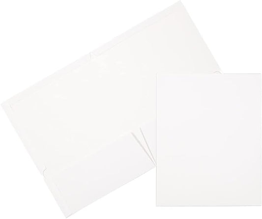 JAM PAPER Laminated Two Pocket Glossy School Folders - Letter Size - High Gloss White - Bulk 100/Box