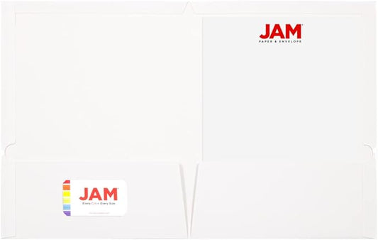 JAM PAPER Laminated Two Pocket Glossy School Folders - Letter Size - High Gloss White - Bulk 100/Box