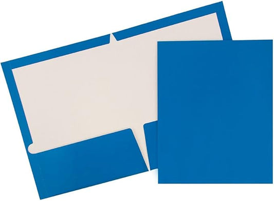 JAM PAPER Laminated Two Pocket Glossy School Folders - Letter Size - High Gloss Blue - Bulk 50/Box