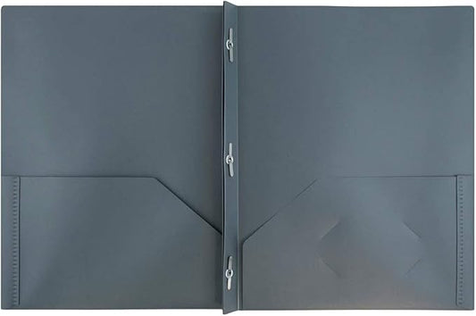JAM PAPER Plastic Color POP Folders - 2 Pocket Durable Folders with Metal Prongs Fastener Clasps - Grey - 6/Pack