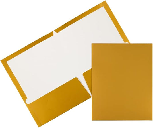 JAM PAPER Laminated Two Pocket Glossy School Folders - Letter Size - High Gloss Gold - Bulk 100/Box