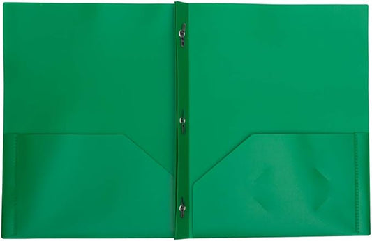 JAM PAPER Plastic Color POP Folders - 2 Pocket Durable Folders with Metal Prongs Fastener Clasps - Green - Bulk 96/Pack