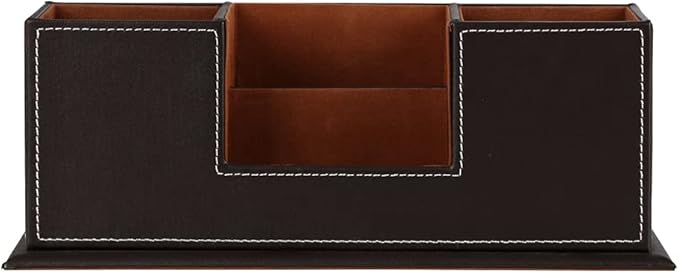 KINGFOM Wood + Leather Double-Holder Desk Organizer — Dark Brown