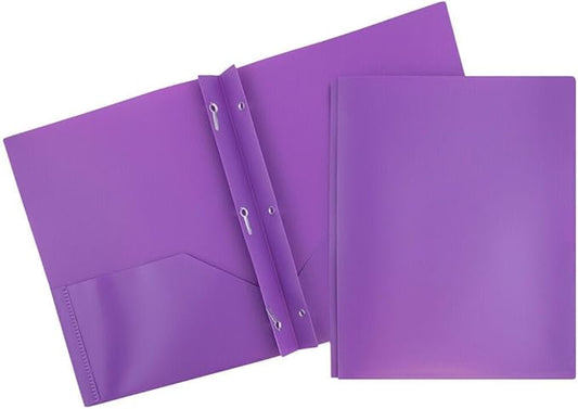 JAM PAPER Plastic 2 Pocket POP Folders - Durable School Folders with Metal Prongs Fastener Clasps - Purple - Bulk 48/Pack