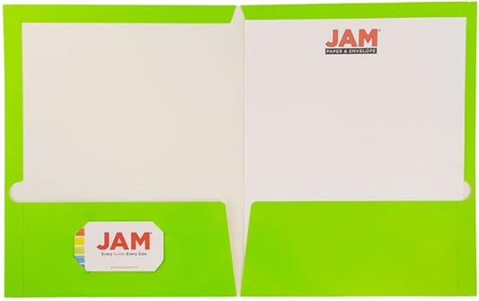 JAM PAPER Laminated Two Pocket Glossy School Folders - Letter Size - High Gloss Lime Green - 6/Pack