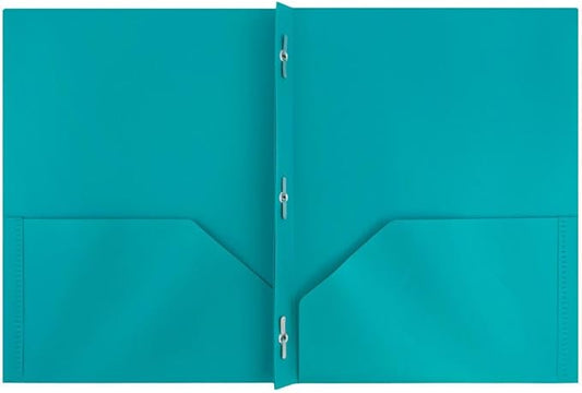 JAM PAPER Plastic Color Pop Folders - 2 Pocket Durable Folders with Metal Prongs Fastener Clasps - Teal Blue - 3/Pack