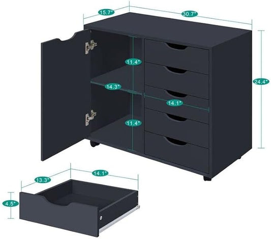 Naomi Home Amy 5-Drawer Craft & Office Storage Cabinet with Shelf, – Mobile Under Desk Unit with Lockable Wheels, Adjustable for Printers & Supplies, 15.7" D x 18.9" W x 32.2" H