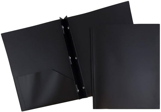 JAM PAPER Plastic 2 Pocket POP Folders - Durable School Folders with Metal Prongs Fastener Clasps - Black - Bulk 48/Pack