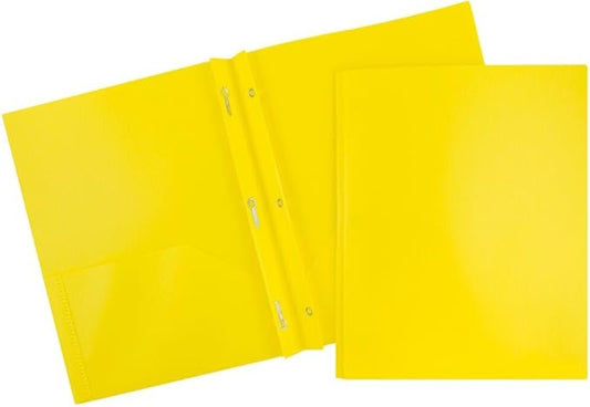JAM PAPER Plastic 2 Pocket POP Folders - Durable School Folders with Metal Prongs Fastener Clasps - Yellow - Bulk 48/Pack