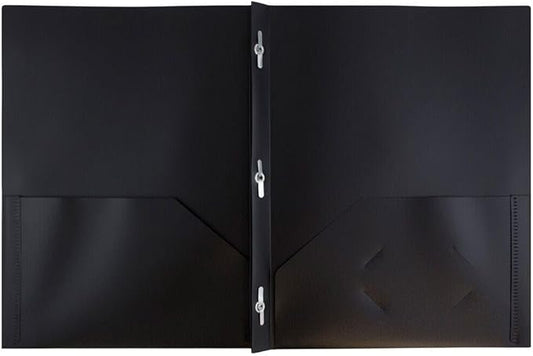 JAM PAPER Plastic Color Pop Folders - 2 Pocket Durable Folders with Metal Prongs Fastener Clasps - Black - 3/Pack