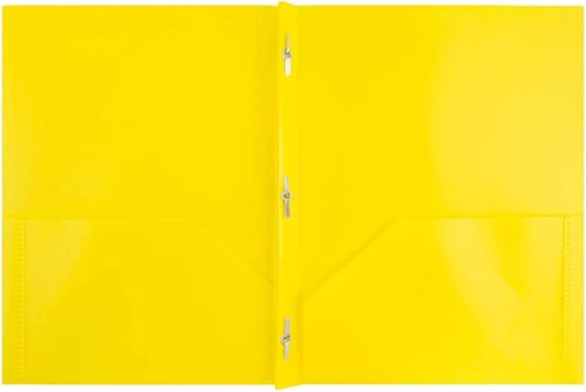 JAM PAPER Plastic Color POP Folders - 2 Pocket Durable Folders with Metal Prongs Fastener Clasps - Yellow - 6/Pack