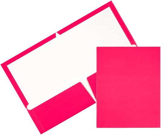 JAM PAPER Laminated Two Pocket Glossy School Folders - Letter Size - High Gloss Fuchsia Hot Pink - Bulk 25/Pack