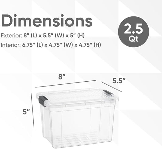 Superio Clear Storage Boxes with Lids, 2.4 Quart Plastic Container Bins for Organizing, Stackable Crates, BPA Free, Non Toxic, Odor Free, Organizers for Home, Office and Dorm,