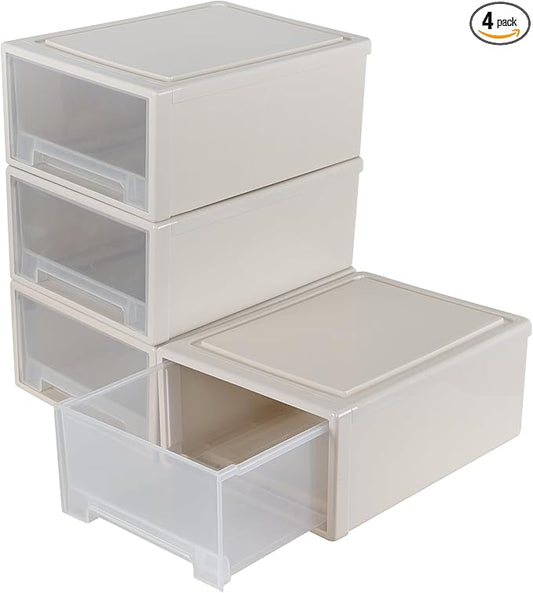 Xyskin 4-Pack 19 Quart Large Stackable Drawer Organizer Unit, Plastic Storage Box with Drawers