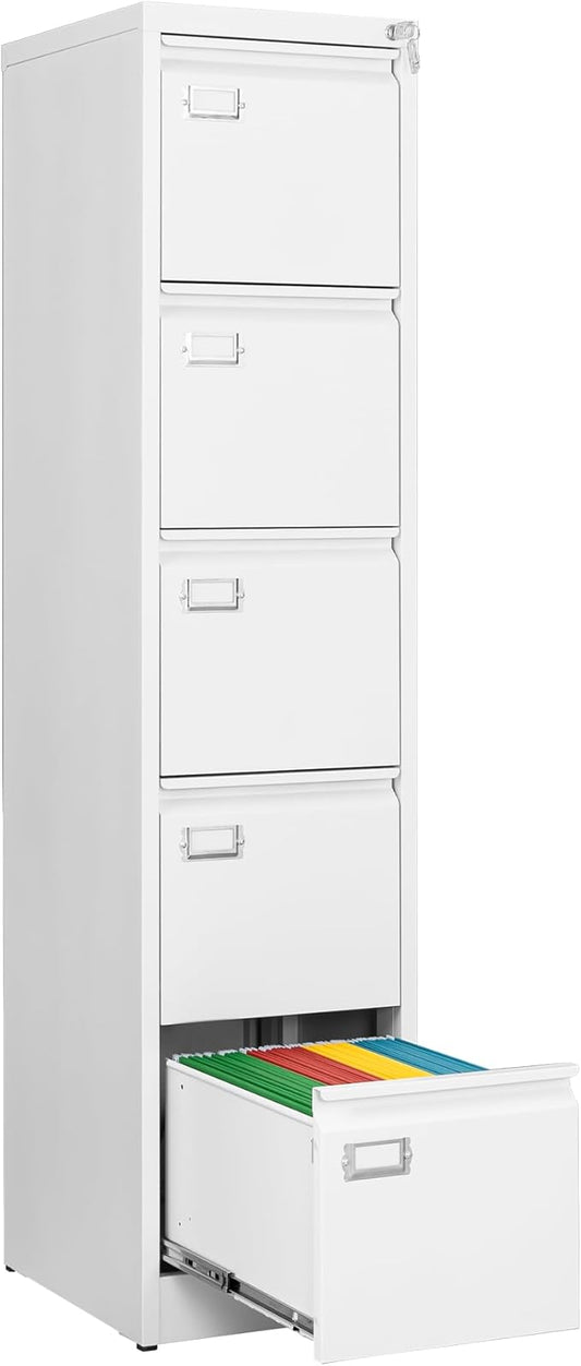 Fesbos File Cabinets - 5 Drawers Vertical 17.8" Deep Lockable Filing Cabinet - White Metal Storage Cabinets for Home Office to Hanging Files Letter/Legal/F4/A4 Size