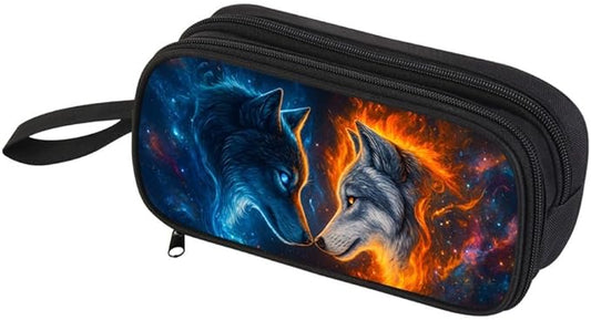 HiMagics Children's Pencil Case, Large Zipper Pencil Pouch for Boys with Two Compartments Boys Pen Pouch for School Wolf Pencil Bag, Black