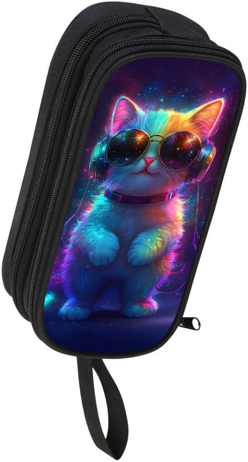 HiMagics Children's Pencil Case, Large Zipper Pencil Pouch for Boys with Two Compartments Boys Pen Pouch for School Cat with Headphones Pencil Bag, Black