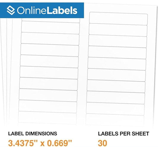 3.434 x 0.667 File Folder Labels - Blank White Matte - 30,000 Labels, 1,000 Sheets - Inkjet/Laser Compatible - Online Labels