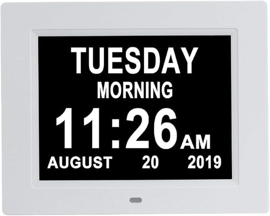 Aowasi 8 Alarms Digital Clock, Extra Large Display Wall Digital Day Calendar Clock with Non-Abbreviated Day & Month Alarm Clocks for Seniors Impaired Vision Dementia Elderly Alzheimer