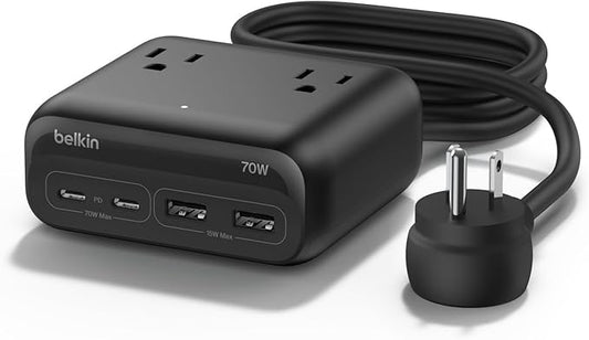 Belkin GaN Charging Station 70W, 7-in-1 Dual USB C Charger w/ 3X AC Outlets, 2X USB A Ports - Power Strip for iPhone, Apple Watch, iPad, MacBook, Chromebook, Samsung Galaxy, Pixel 10, & More - Black