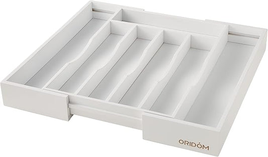oridom Expandable Bamboo Kitchen Drawer Organizer for Cutlery and Utensils, Adjustable Bamboo Wood Cutlery Tray in Drawer for Flatware and Silverware in Kitchen, (White)
