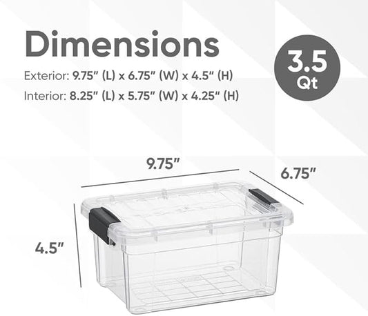 Superio Clear Storage Boxes with Lids, 3.4 Quart Plastic Container Bins for Organizing, Stackable Crates, BPA Free, Non Toxic, Odor Free, Organizers for Home, Office and Dorm, 4 Pack