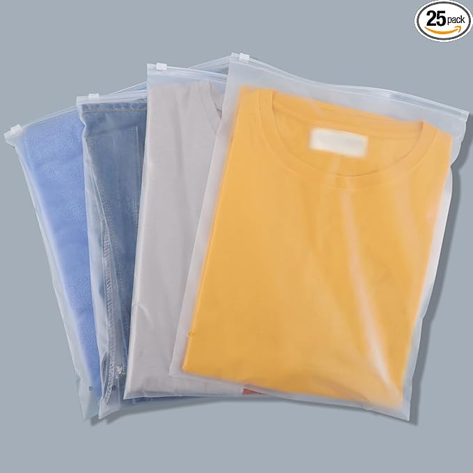 Svaldo Clothes Packaging Bags for Shipping, 25 Count 12x16 inch Frosted Zipper Plastic Bags for Clothing, Thick Plastic Apparel Bag for Packaging T-Shirt, Shirt, 3 Mil, with Vent Holes Storage Bag