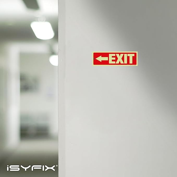 iSYFIX Exit Signs with Directional Left Arrow - 12 Pack 12x4 Inch Glow in the Dark for Business, School, Office, Warehouse - Durable 40 Mil Polystyrene, UV Laminated, Waterproof, Scratch & Fade Resistant
