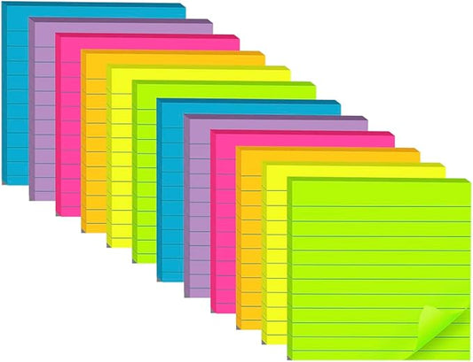 (12 Pads) Lined Sticky Notes 4x4 in, 6 Bright Colors Self-Stick Note Pads, Strong Adhesive, 47 Sheets/Pad