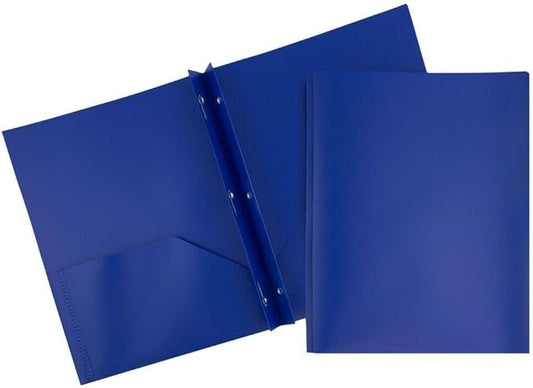 JAM PAPER Plastic 2 Pocket POP Folders - Durable School Folders with Metal Prongs Fastener Clasps - Dark Blue - Bulk 48/Pack