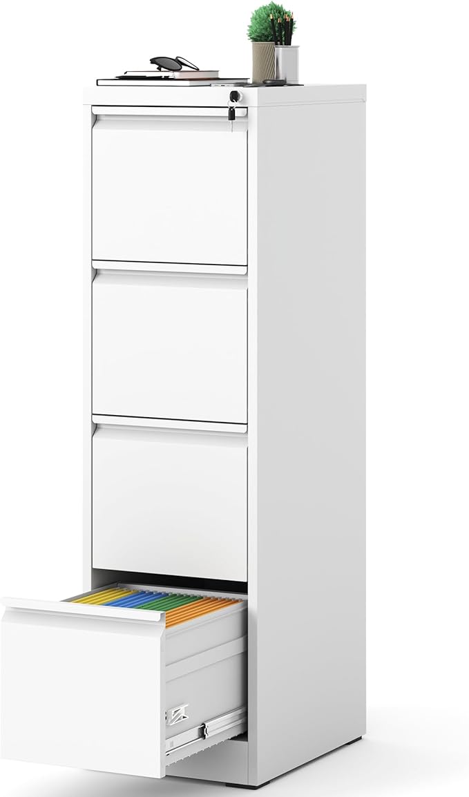 Reegangfa 4 Drawer File Cabinet with Lock, 18" D Metal Vertical Filing Cabinets, Steel File Storage Cabinets for Home Office, Hanging A4 Legal/Letter Size Narrow File Cabinet, Assembly Required