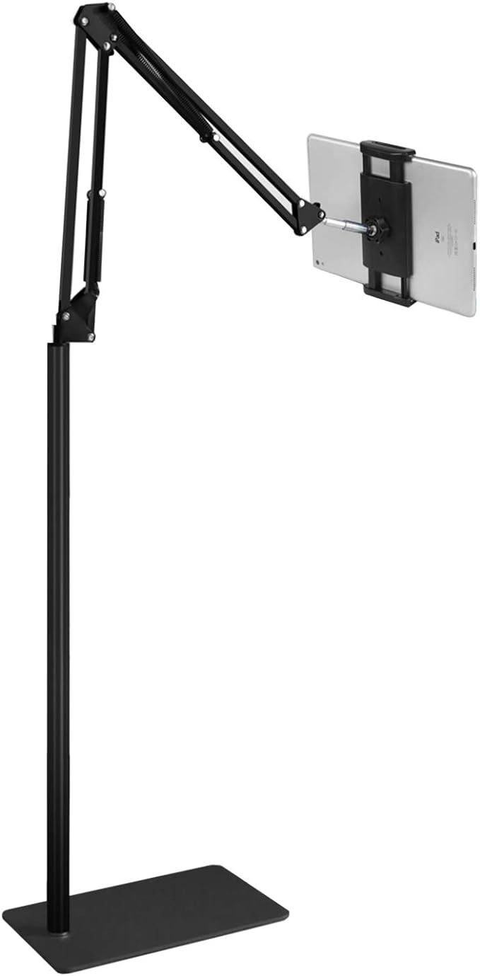 Tablet Floor Stand with 5LB Metal Base, Overhead Bed Phone Stand Angle Height Adjustable Holder, Universal Floor Stand Compatible with iPhone iPad Pro Air Mini, Samsung Tab, Kindle, E-Readers…