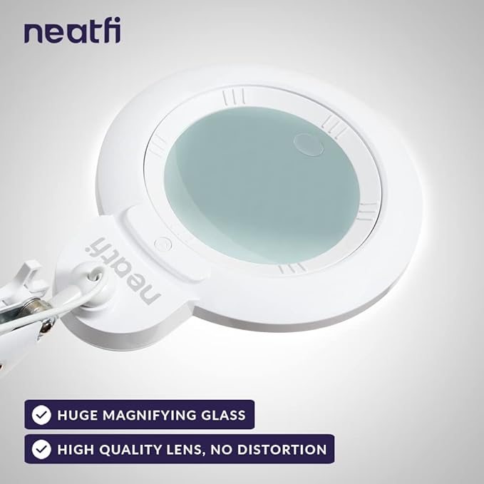 Neatfi XL Bifocal LED Magnifying Lamp, 7-Inch Acrylic Lens, 5D/20D Magnification, Hands-Free, Dimmable, 84 SMD LED, Adjustable Arm for Crafts, Reading, Close Work (White, with Clamp)