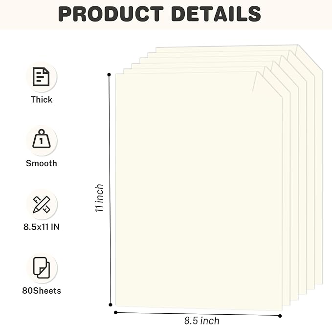 Cream Cardstock 8.5 X 11, 80 Sheets Card Stock, 75lb/ 200gsm Copy Paper, Cardstock Printer Paper for Art, Drawing, Invitations, DIY Cards, Watercolor, Craft, Construction, School & Office Supplies