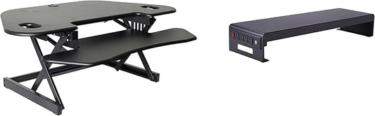Rocelco 46" Height Adjustable Corner Standing Desk Converter with Dual Monitor Stand Bundle - Quick Sit Stand Up Computer Workstation Riser - Extra Large Keyboard Tray - Black (R CADRB-46-DMS)