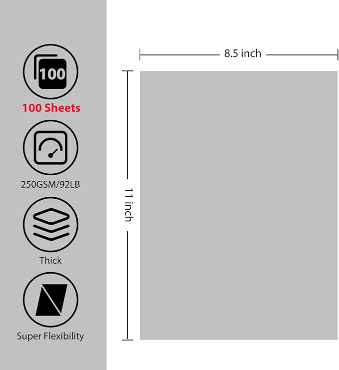 OcePor 100 Sheets Grey Cardstock Paper, Colored Printer Paper 8.5 x 11, Card Stock Thick Construction for Craft,Scrapbook，Office Printing, Invitations, Certificates，92 lb/250gsm