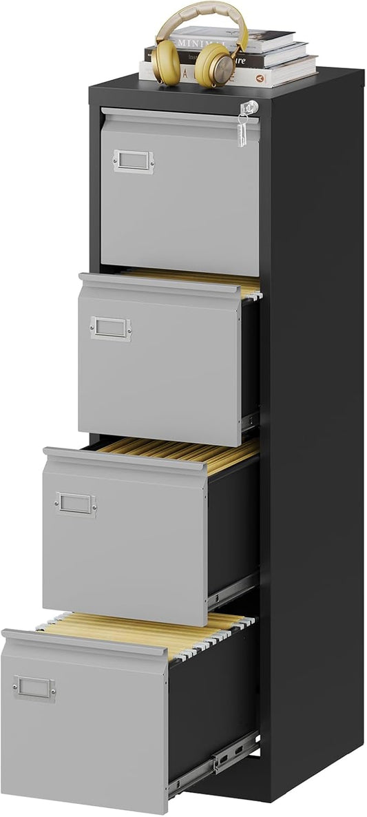 Fesbos File Cabinets - 4 Drawers Vertical 17.8" Deep Lockable Filing Cabinet - Black & Gray Metal Storage Cabinets for Home Office to Hanging Files Letter/Legal/F4/A4 Size