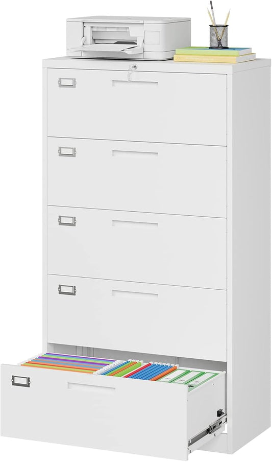 MIIIKO Lateral File Cabinet with Lock, 5 Drawer Metal File Cabinets 35.4" Wide, Home Office Locking Filing Cabinets for Legal Letter File Folders