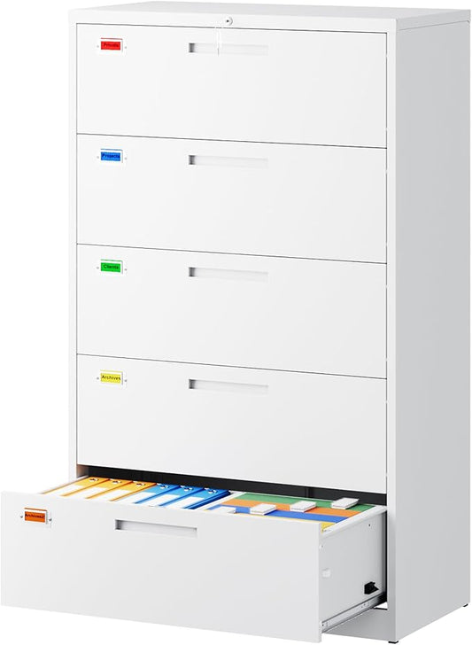 PEUKC 5 Drawer File Cabinet, Lateral Filing Cabinets for Home Office, Office Storage Drawers with Lock, Hanging Files Legal/Letter A4 Size (Assemble Required,White)