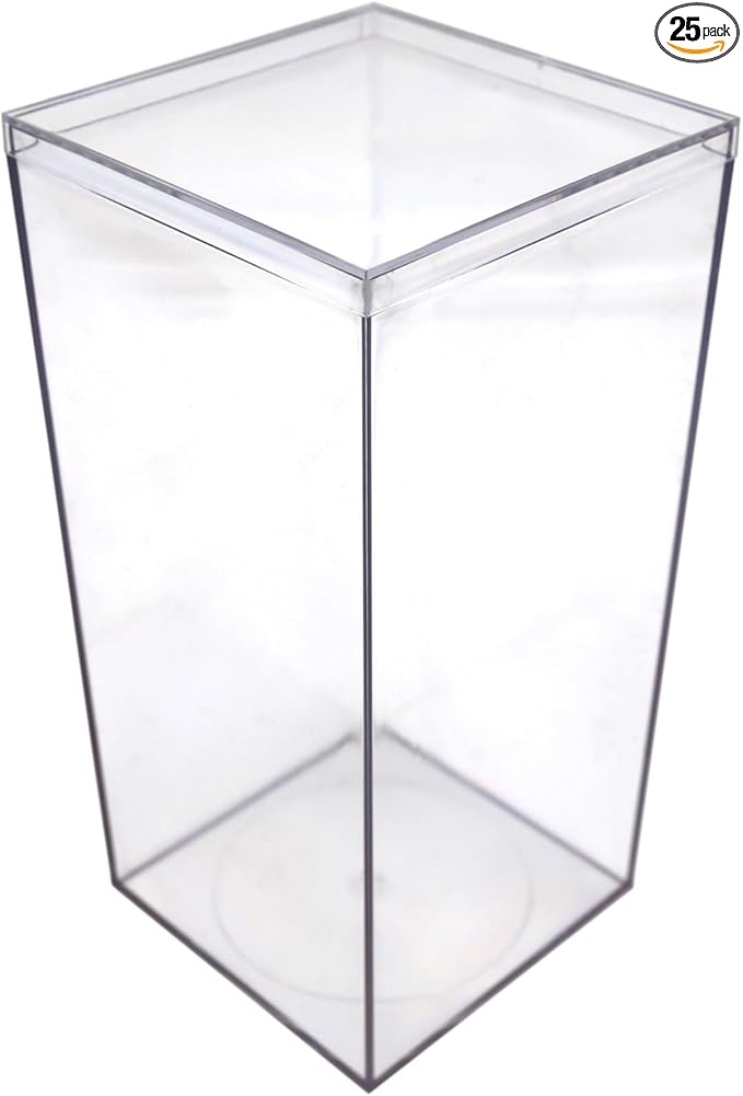 Set of 25 Acrylic Boxes with Lids, 4"Lx4"Wx8"H, Made in USA, Display Cases for Collectibles, Clear Containers for Organization and Storage