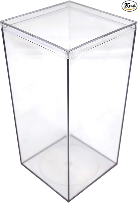 Set of 25 Acrylic Boxes with Lids, 4"Lx4"Wx8"H, Made in USA, Display Cases for Collectibles, Clear Containers for Organization and Storage
