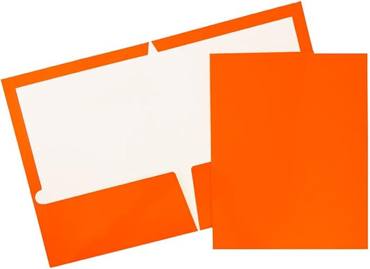 JAM PAPER Laminated Two Pocket Glossy School Folders - Letter Size - High Gloss Orange - Bulk 100/Box