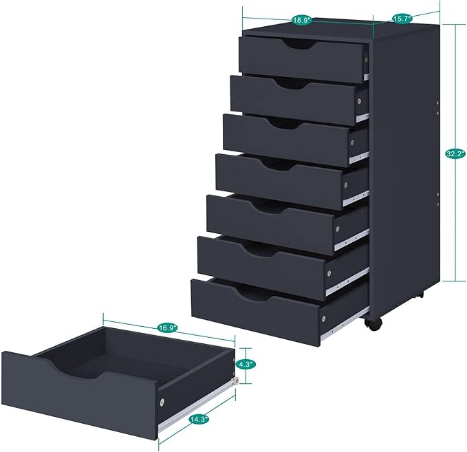 Naomi Home Debbie 7-Drawer Craft & Office Storage Cabinet, Black – Mobile Organizer with Casters, Spacious for Documents & Tools, Chic Minimalist Design, 15.7" D x 18.9" W x 34.2" H