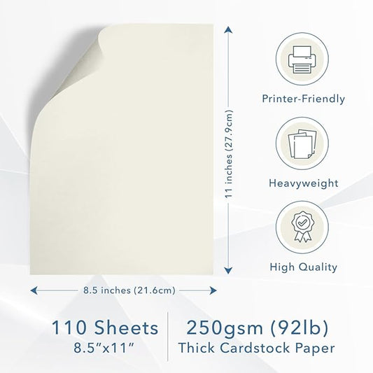 MOS Off-White Cardstock Paper 8.5 x 11 Inch (110 Sheets) — Heavyweight Cream Card Stock for Invitations, Menus, Certificates, Crafting, Business, Printer Compatible