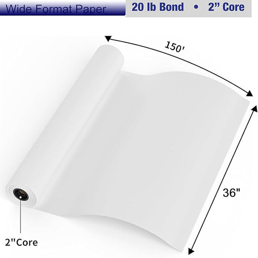 FungLam Wide Format Paper, 24 in x 150 ft Plotter Paper, 2 Rolls CAD Bond Rolls with 2 in Core, 20 LB Bond Papers Rolls, Idea for CAD Drawings, Engineering Plans, GIS Maps & Architectural Designs